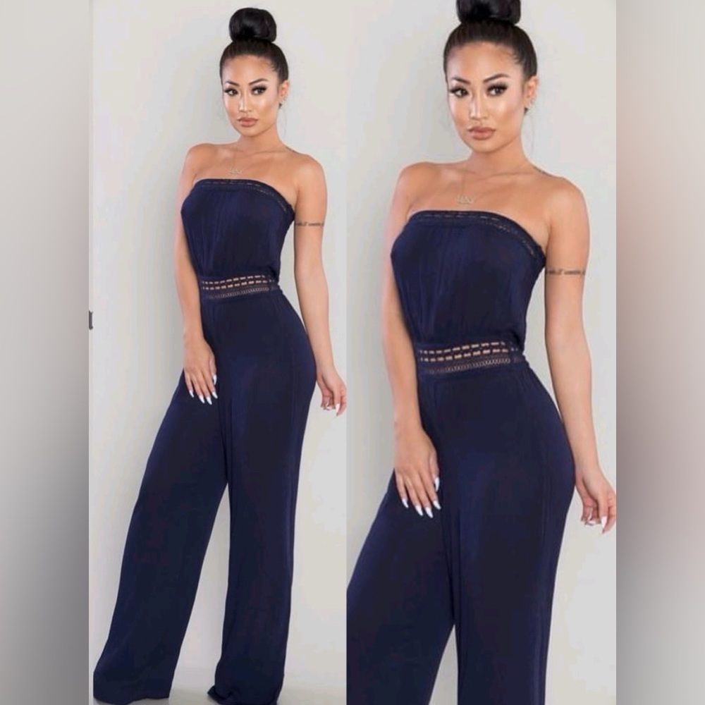 Posh Shop LA Navy Botice/Cut Out Strapless Jumpsuit | Medium